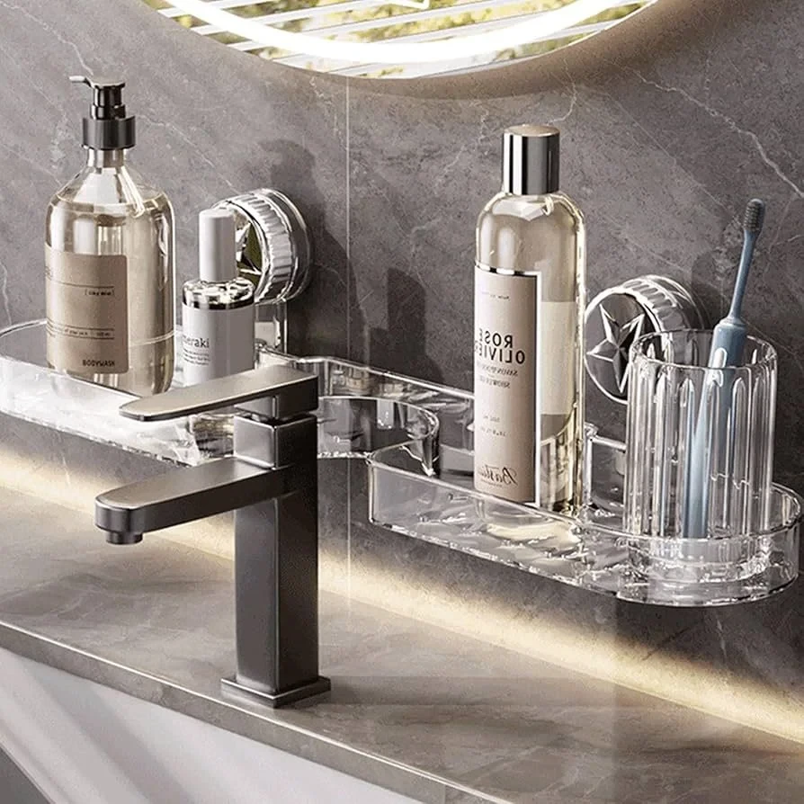 Space Saving Acrylic Luxury Suction Cup Bathroom & Sink Storage Shelf